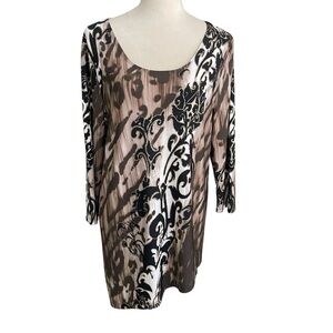 Chico’s Travelers Artsy Gold Swirls Brown Asymmetrical Tunic Top Women Sz L (2)